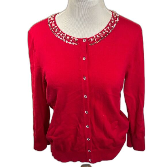 Women's Beautiful Red Jeweled Spense Button Down Cardigan Size Medium - Picture 1 of 4